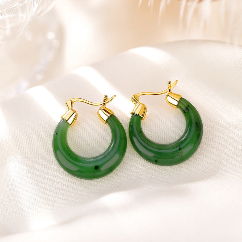 Wear FengShui 925 Sterling Silver Plated Gold Natural Round Hetian Cyan Jade Luck Drop Earrings