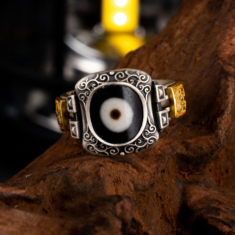 Wear FengShui 925 Sterling Silver Zakiram Goddess of Wealth Design Dzi Bead Protection Ring