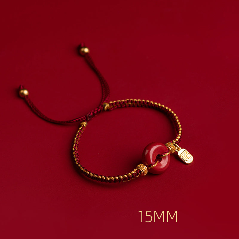 Wear FengShui Natural Cinnabar Peace Buckle Fu Character Charm Blessing Braided Bracelet