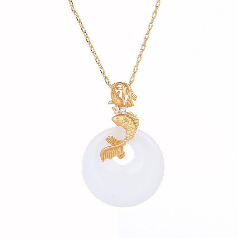 Wear FengShui White Jade Koi Fish Wealth Prosperity Necklace Pendant