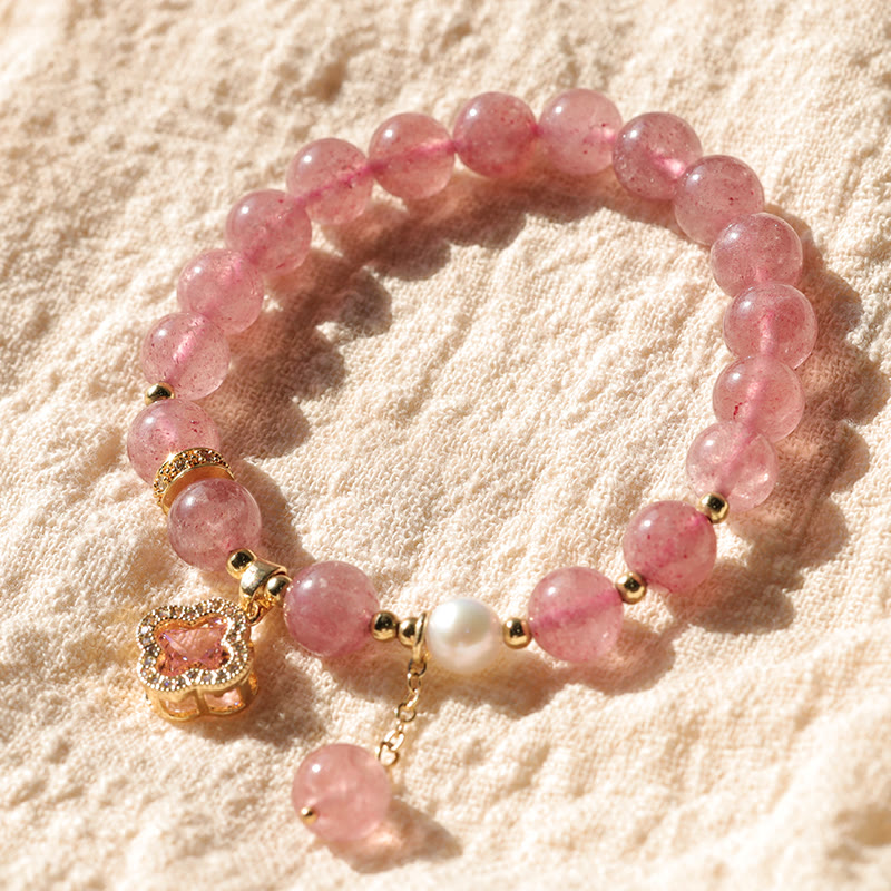 Wear FengShui Strawberry Quartz Pearl Four Leaf Clover Charm Healing Bracelet