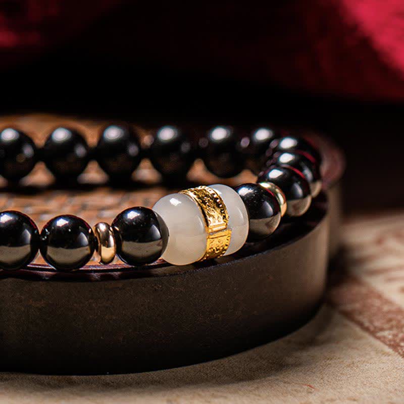 Wear FengShui Black Obsidian Jade Om Mani Padme Hum Strength Couple Magnetic Bracelet