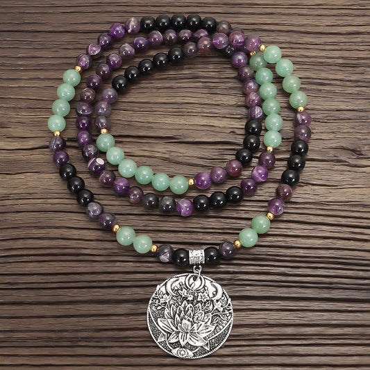 Wear FengShui 108 Mala Beads Amethyst Green Aventurine Lotus Meditation Bracelet