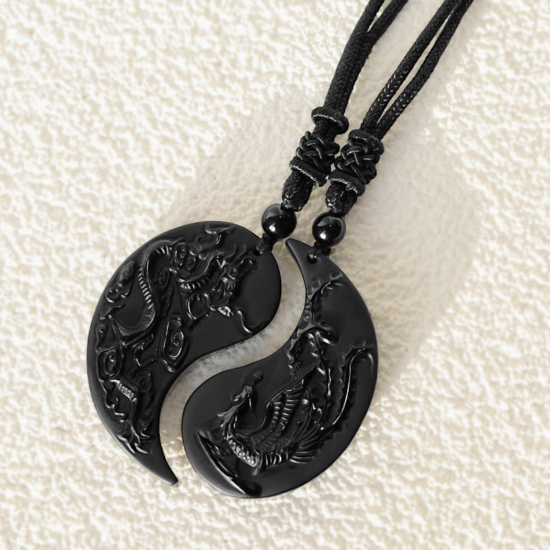 Wear FengShui Black Obsidian Yin Yang Dragon Phoenix Luck Necklace Pendant