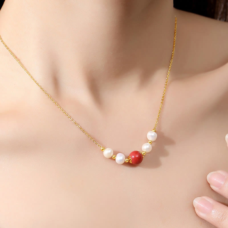 Wear FengShui 925 Sterling Silver Pearl Cinnabar Sincerity Healing Bead Chain Necklace Pendant