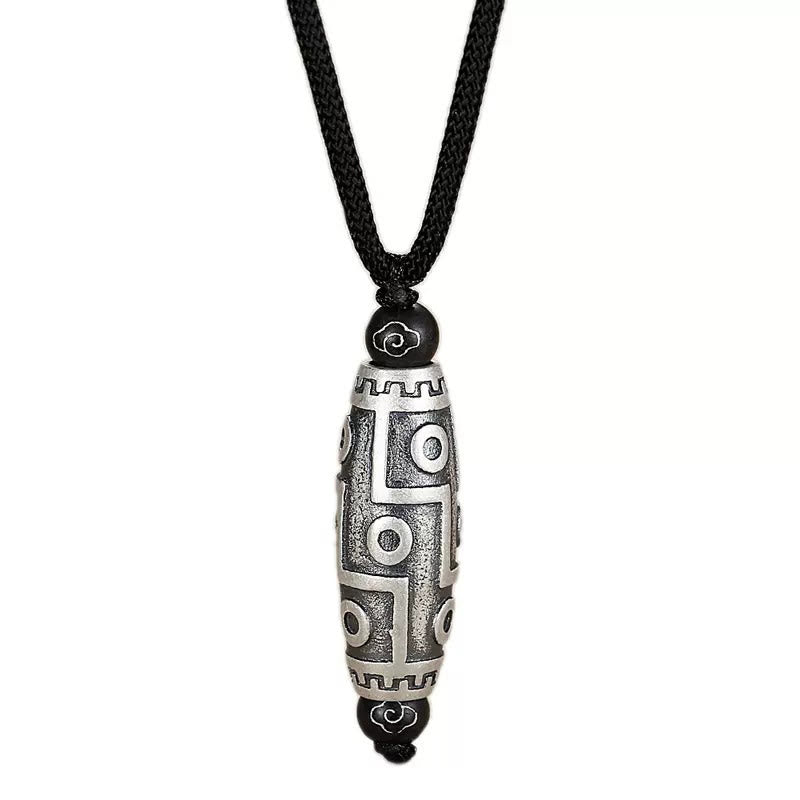 Wear FengShui Tibet Nine-Eye Dzi Bead Pattern Copper Auspicious Clouds Wealth Necklace Pendant