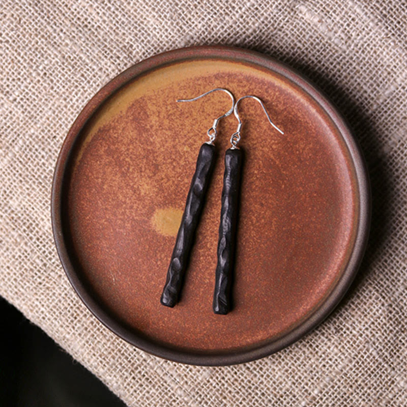 Wear FengShui 925 Sterling Silver Ebony Wood Texture Balance Peace Drop Dangle Earrings