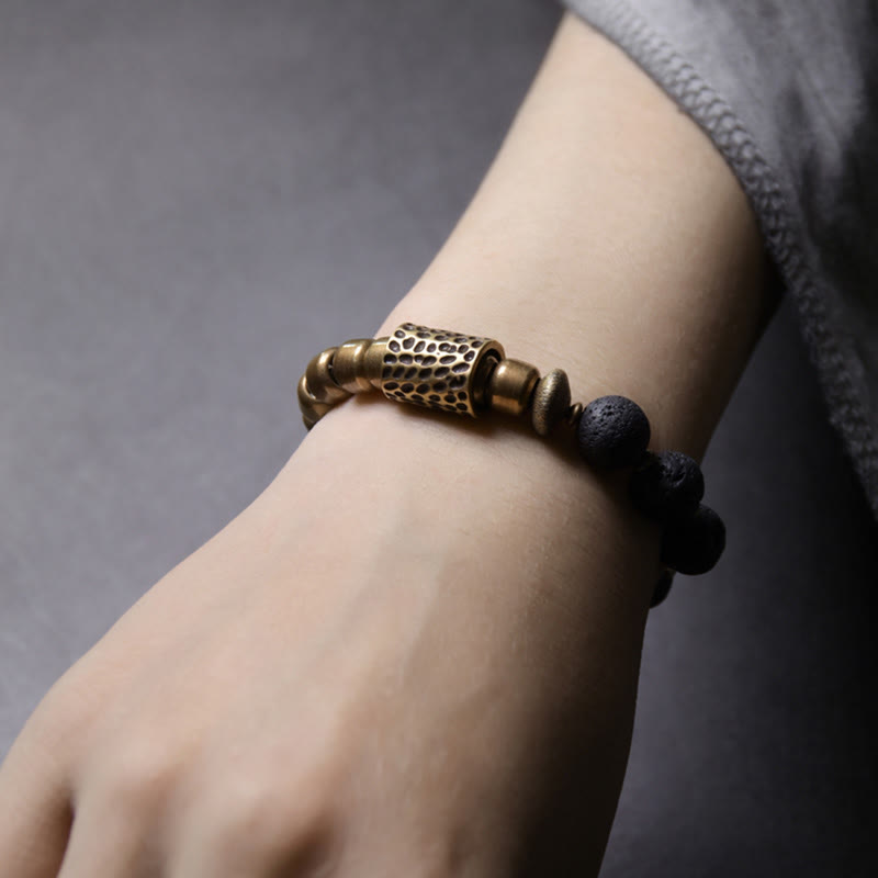 Wear FengShui Lava Rock Stone Rainbow Obsidian Brass Support Healing Bracelet