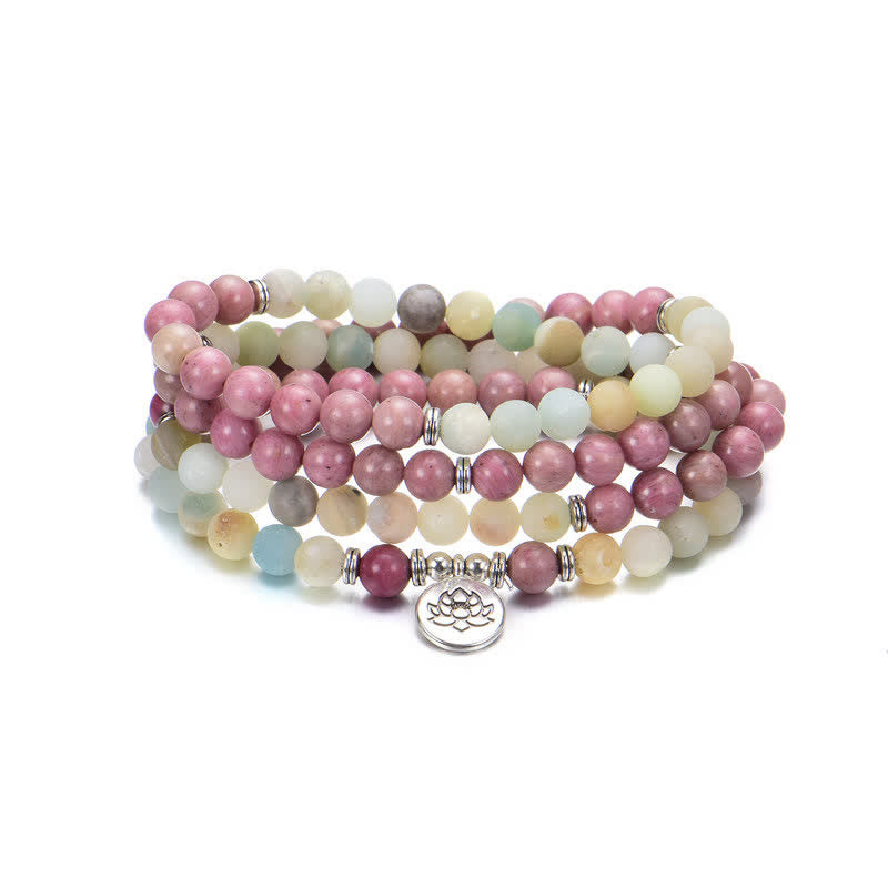 Wear FengShui Lazurite Picasso Jasper Amazonite Rhodonite Apatite Positive Lotus Prayer Bead Bracelet