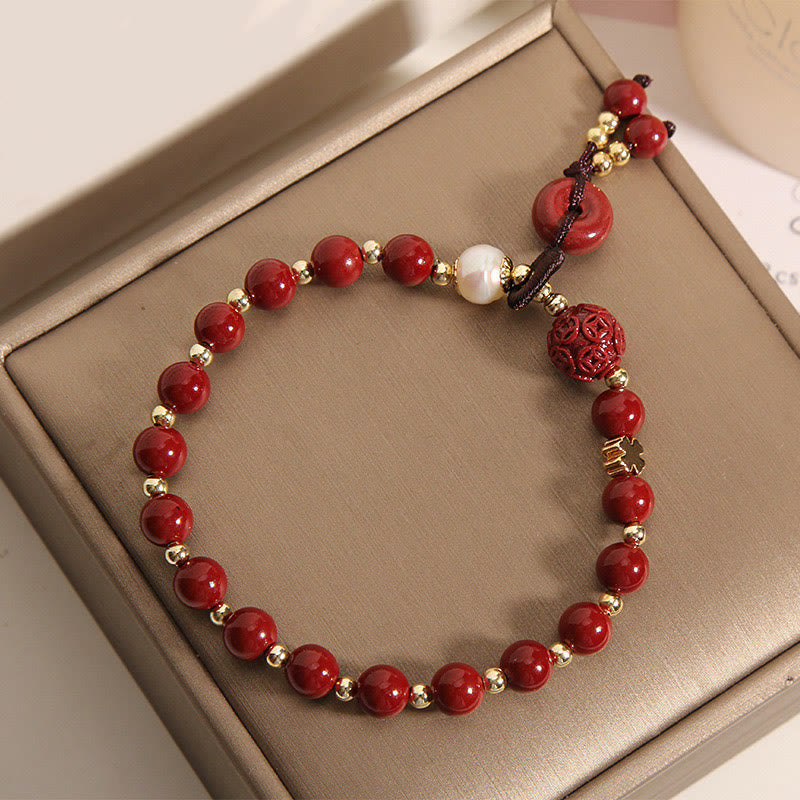 Wear FengShui Natural Cinnabar Peace Buckle Copper Coin Charm Blessing Bracelet