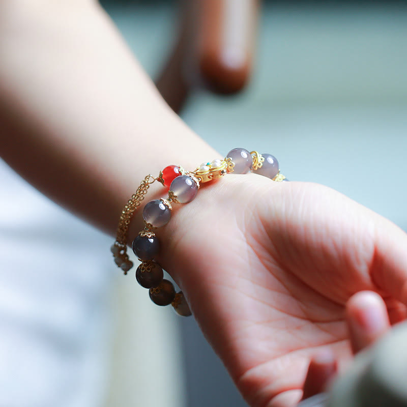 Wear FengShui Natural Gray Agate Fu Character Pearl Tassel Balance Bracelet