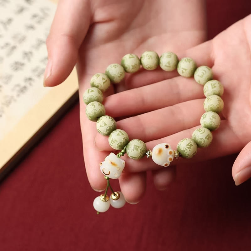 Wear FengShui Green Bodhi Seed Cat Paw Om Mani Padme Hum Engraved Wisdom Bracelet