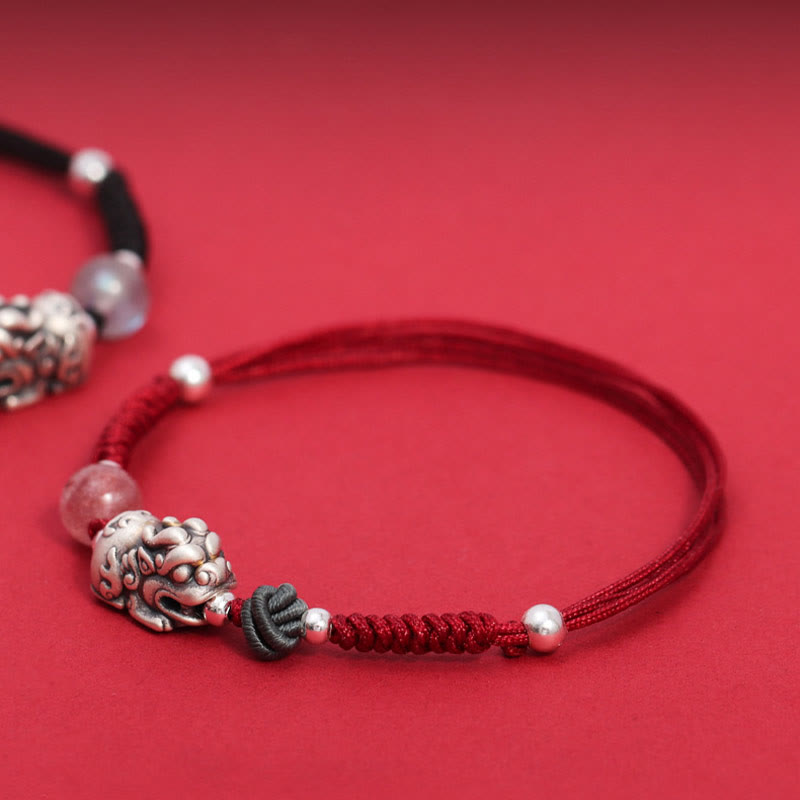 Wear FengShui 999 Sterling Silver PiXiu Strawberry Quartz Bead Wealth Luck Braided Bracelet