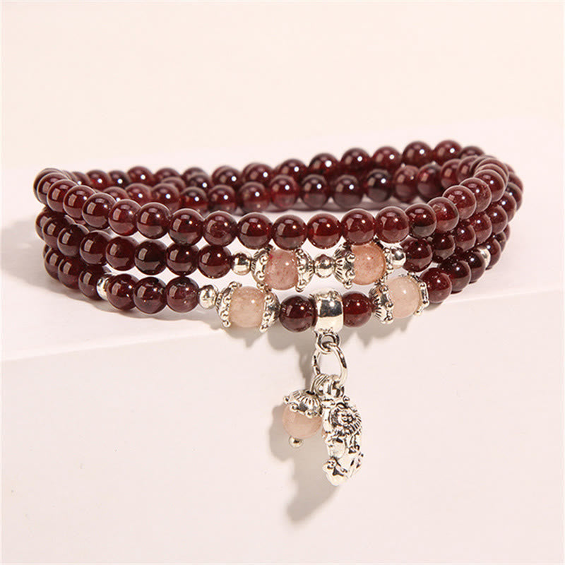 Wear FengShui Natural Garnet Strawberry Quartz Green Beans PiXiu Protection Triple Wrap Bracelet