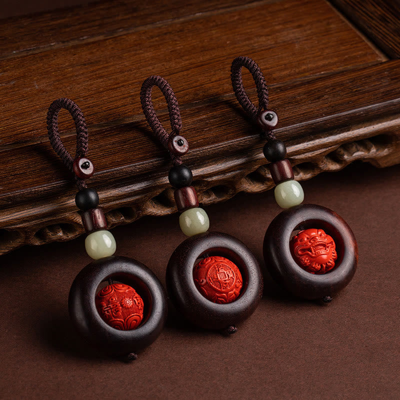 Wear FengShui Tibet Om Mani Padme Hum PiXiu Copper Coin Small Leaf Red Sandalwood Cinnabar Protection Key Chain