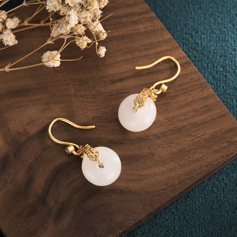 Wear FengShui White Jade Double Happiness Fortune Earrings
