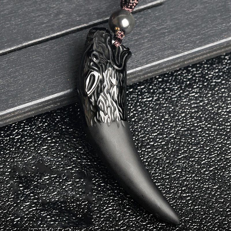 Wear FengShui Natural Black Obsidian Ice Obsidian Rainbow Obsidian Wolf Tooth Pattern Strength Necklace Pendant