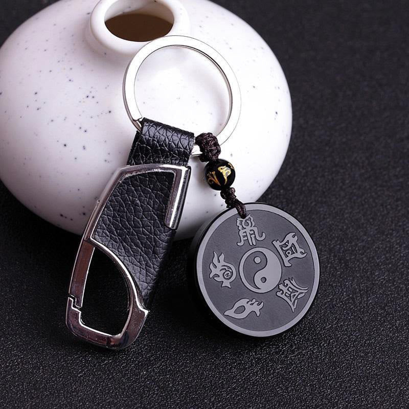 Wear FengShui Natural Black Obsidian Taoism Five Sacred Mountains Nine-Character Mantra Carved Strength Yin Yang Necklace Pendant Key Chain