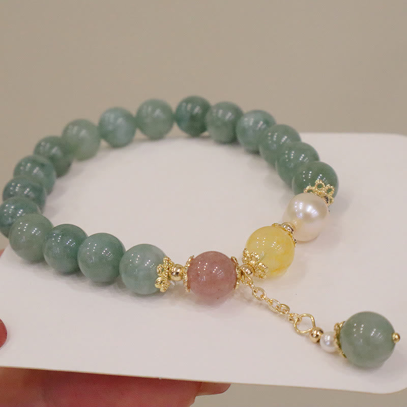 Wear FengShui Jade Pearl Strawberry Quartz Abundance Luck Bead Charm Bracelet