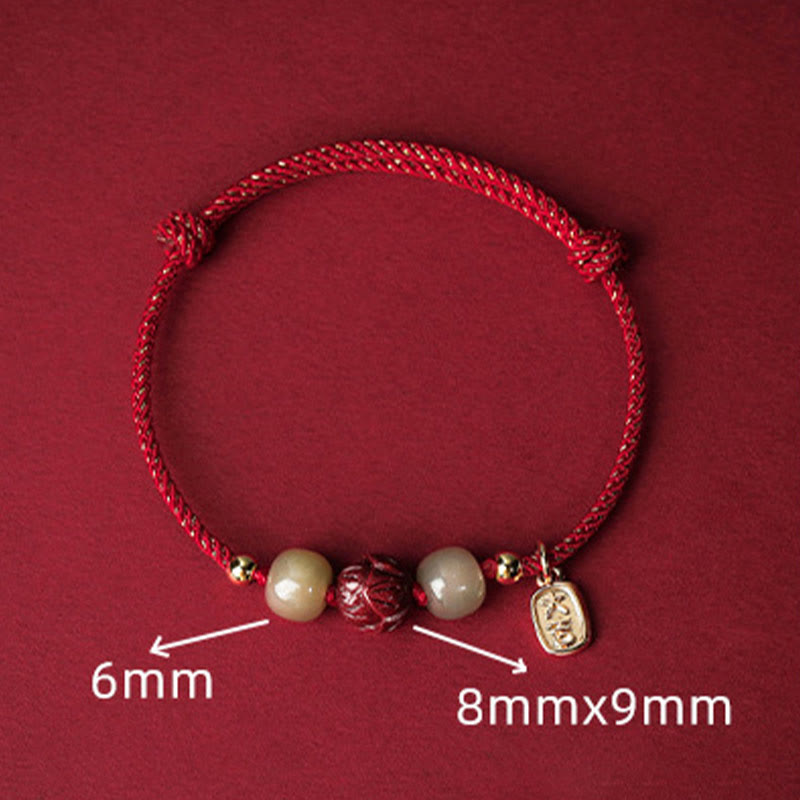 Wear FengShui 14K Gold Plated Hetian Jade Cinnabar Lotus Luck Handcrafted Rope Bracelet