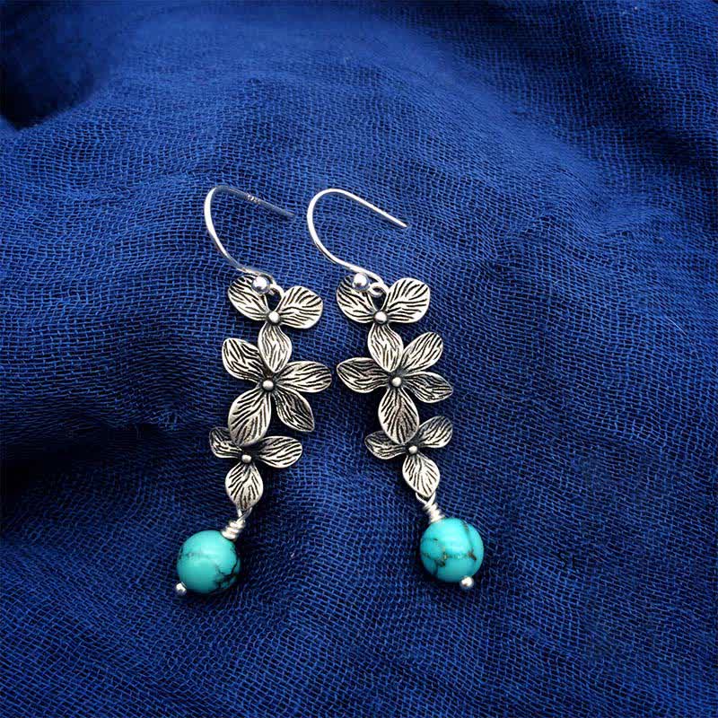 Wear FengShui 925 Sterling Silver Turquoise Lazurite Flower Leaf Serenity Protection Hook Drop Dangle Earrings