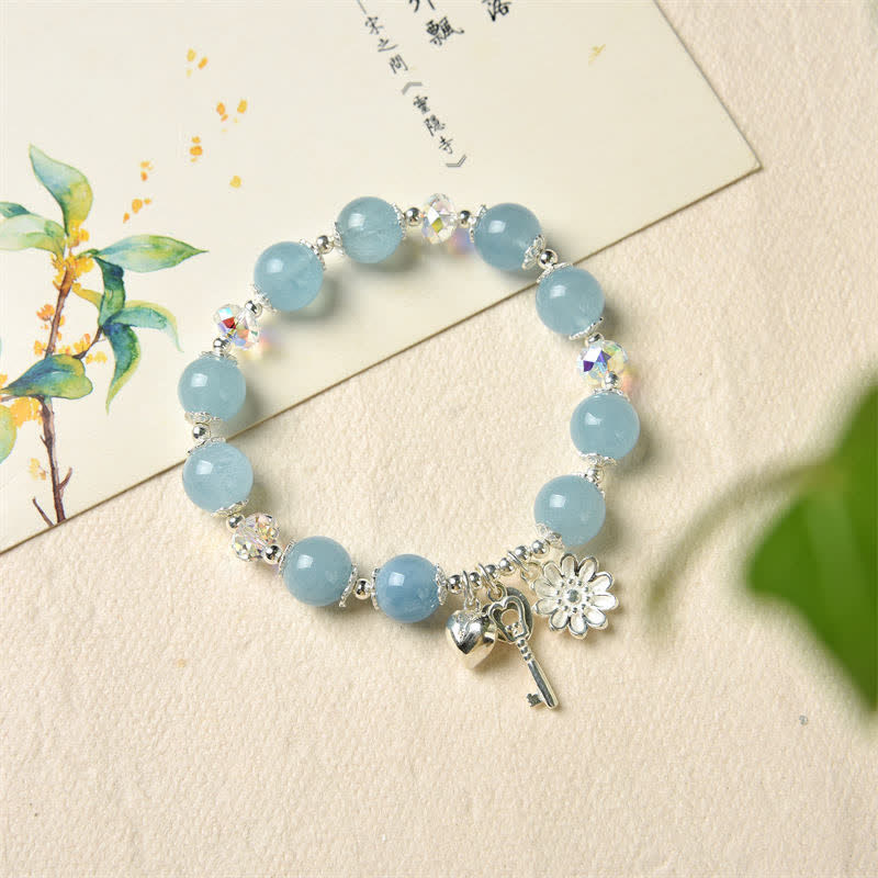 Wear FengShui 925 Sterling Silver Natural Aquamarine Serenity Flower Love Key Charm Bracelet