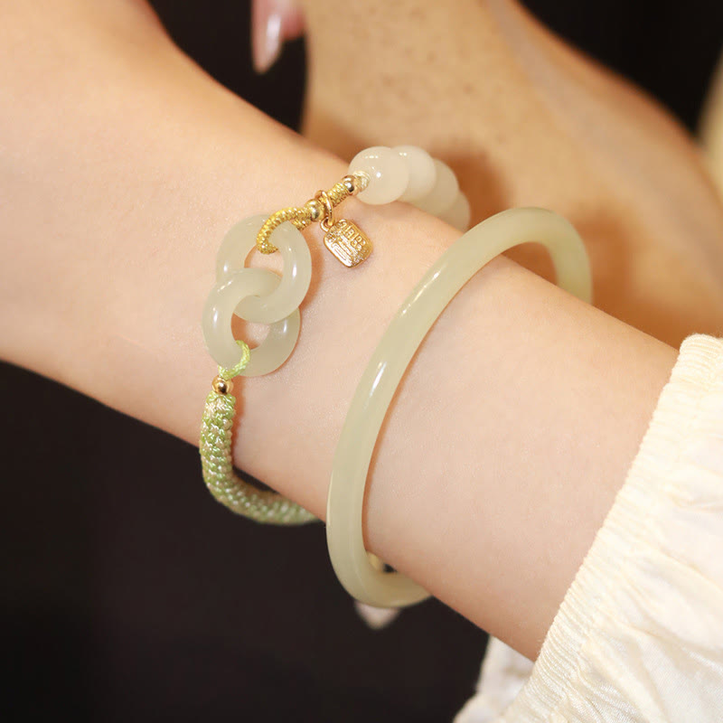 Wear FengShui Natural Hetian Jade Bead Double Peace Buckle Fu Character Abundance Braided Bracelet