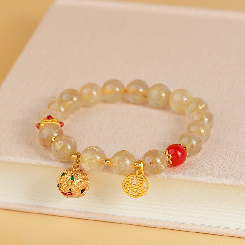 Wear FengShui Natural Golden Rutilated Quartz Fu Character Charm Bell Wealth Bracelet