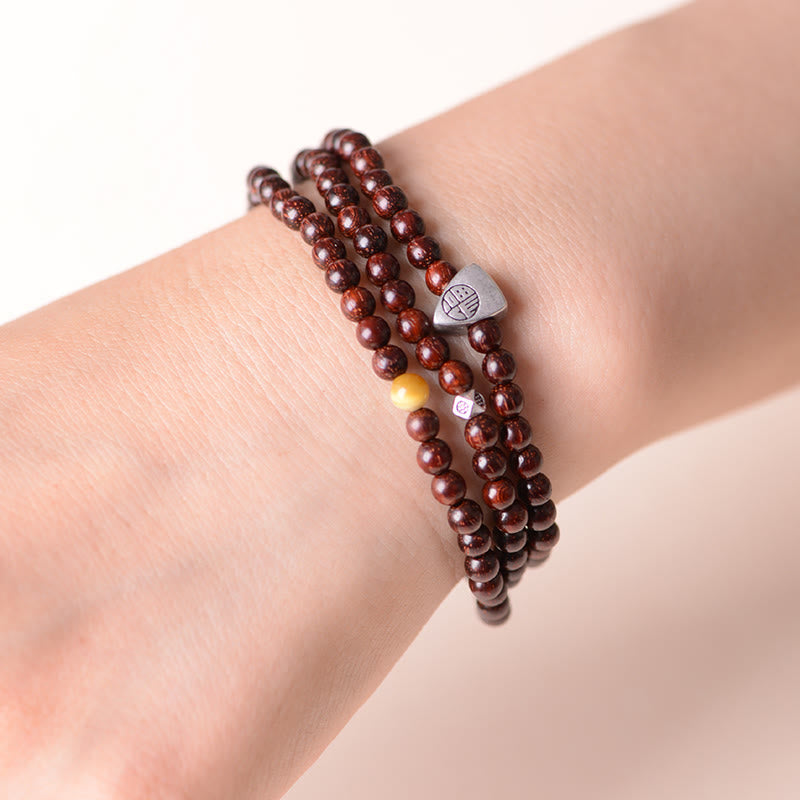 Wear FengShui 925 Sterling Silver Indian Small Leaf Red Sandalwood Fu Character Protection Triple Wrap Bracelet