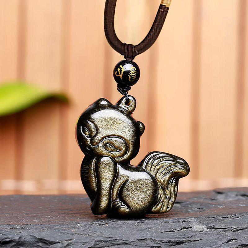 Wear FengShui Natural Rainbow Obsidian Gold Sheen Obsidian Nine Tailed Fox Positive Necklace Pendant