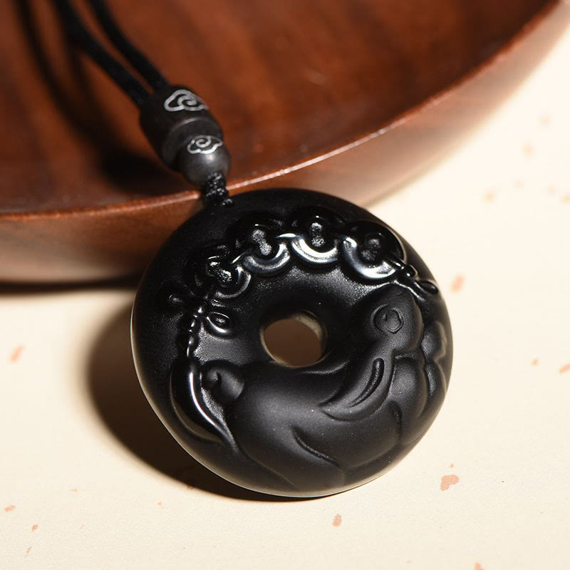 Wear FengShui Chinese Zodiac Natural Black Obsidian Peace Buckle Strength Necklace Pendant