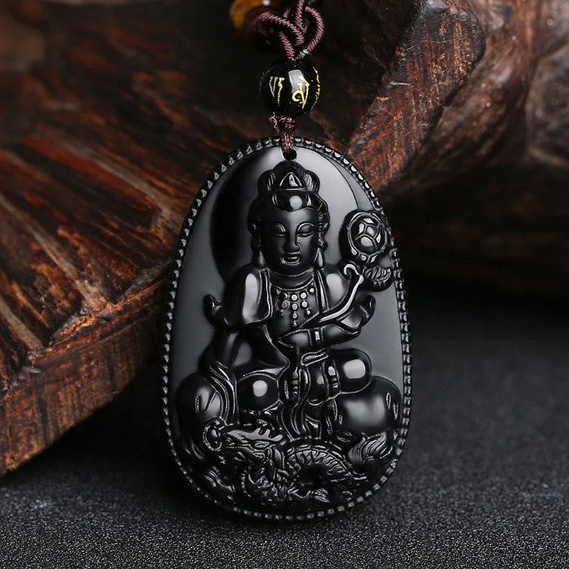 Wear FengShui Chinese Zodiac Natal Buddha Natural Black Obsidian Purification Necklace Pendant