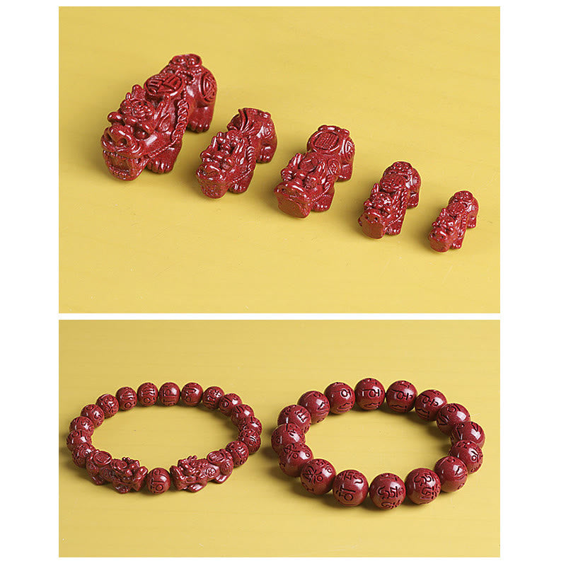 Wear FengShui Natural Double PiXiu Cinnabar Om Mani Padme Hum Wealth Luck Bead Bracelet