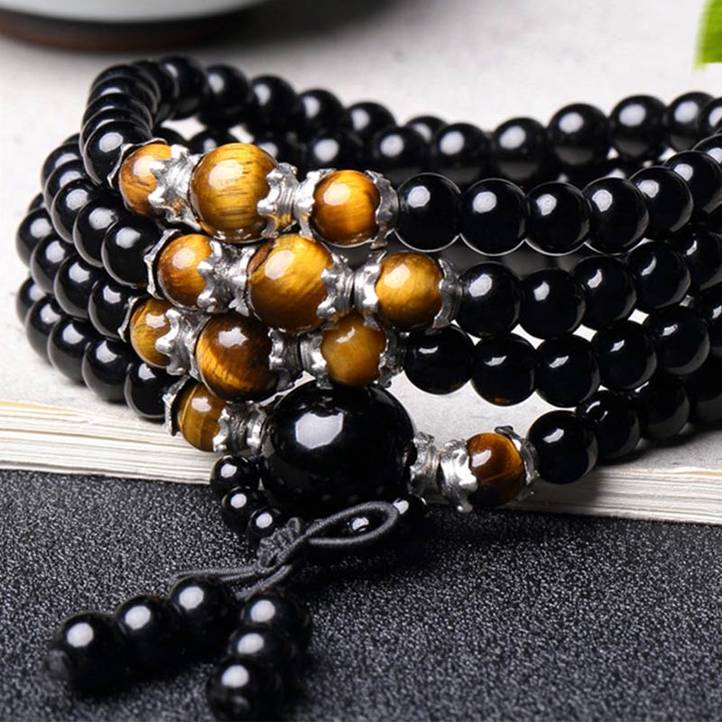 Wear FengShui 108 Beads Natural Black Obsidian Tiger Eye Mala Bracelet