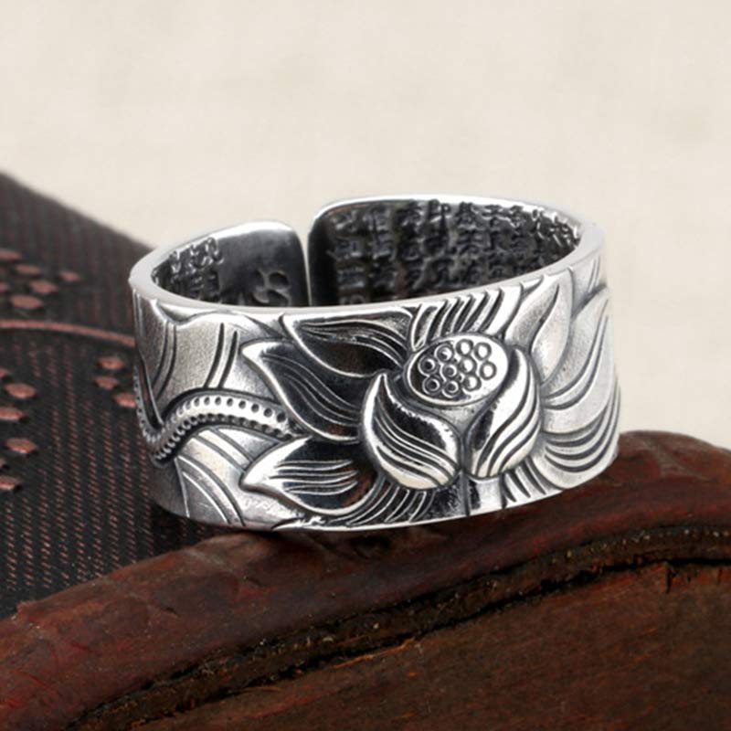 Wear FengShui 999 Sterling Silver Lotus Symbol Heart Sutra Protection Ring
