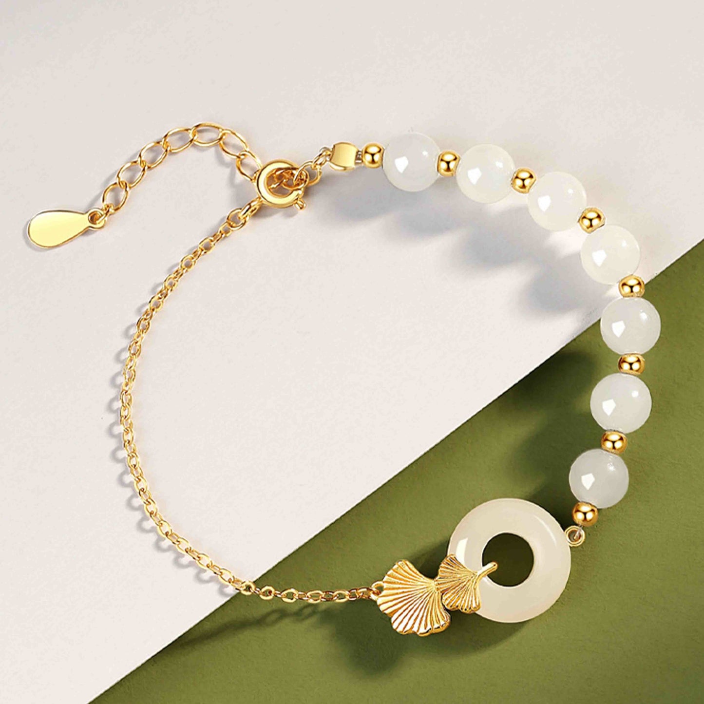 Wear FengShui 925 Sterling Silver Hetian White Jade Peace Buckle Ginkgo Leaf Luck Bracelet