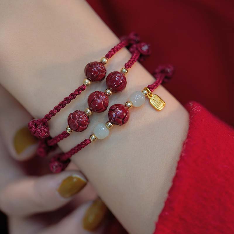 Wear FengShui Cinnabar Jade Lotus Calm Red String Weave Bracelet