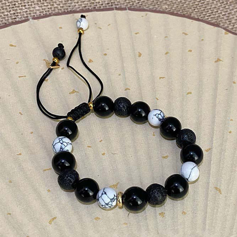 Wear FengShui Black Obsidian Lava Rock Stone Yin Yang Strength Bracelet