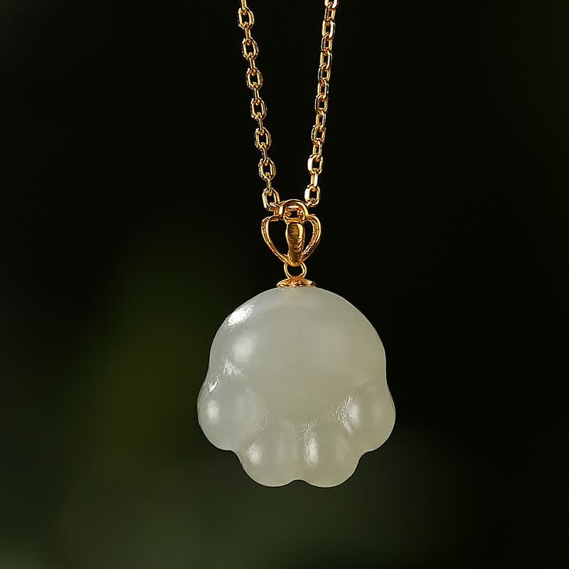 Wear FengShui 925 Sterling Silver Hetian White Jade Cute Cat Paw Luck Necklace Pendant