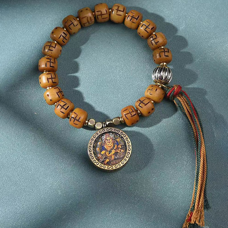 Wear FengShui Natural Tibetan Camel Bone Swastika Dzi Bead Shankha Buddha Charm Kirtimukha Luck Protection Tassel Bracelet