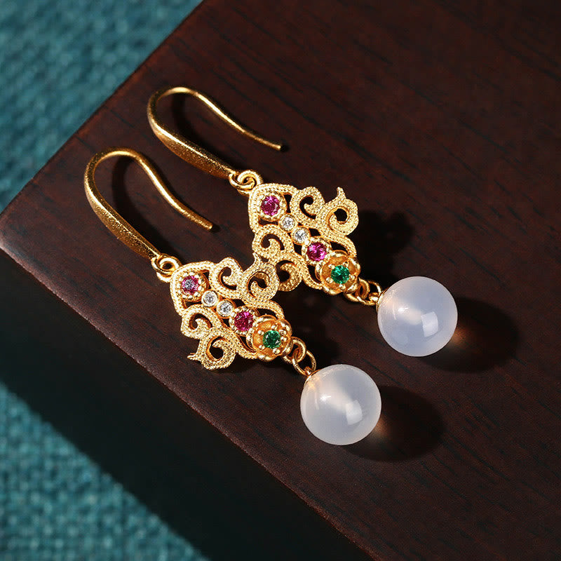 Wear FengShui 24K Gold Plated Round Chalcedony Positive Dangle Drop Earrings