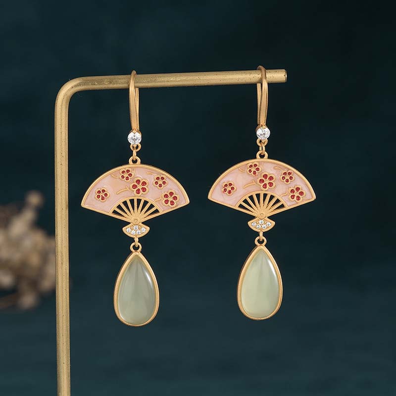 Wear FengShui Natural Green Aventurine Fan Pattern Luck Drop Earrings