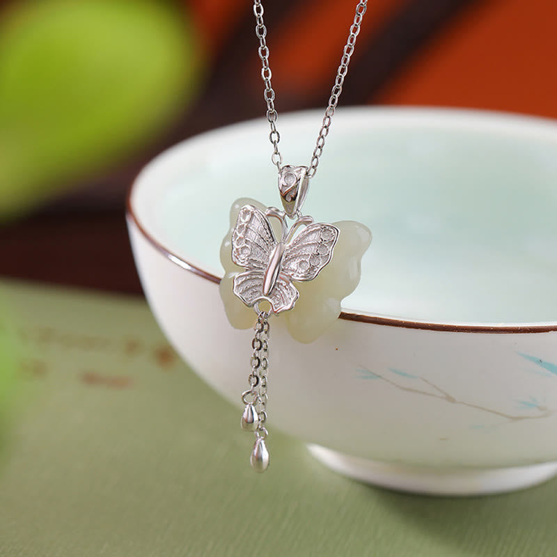 Wear FengShui 925 Sterling Silver Plated Gold Hetian White Jade Butterfly Blessing Necklace Pendant