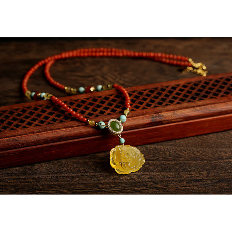 Wear FengShui 925 Sterling Silver Natural Red Agate Amber Peony Confidence Charm Necklace Pendant