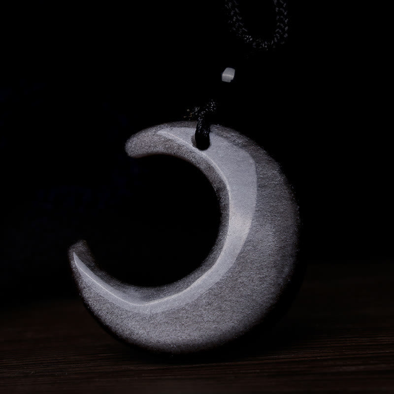 Wear FengShui Natural Silver Sheen Obsidian Selenite Crystal Crescent Moon Yin Yang Couple Protection Necklace Pendant