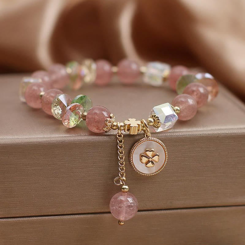 Wear FengShui Strawberry Quartz Lucky Four Leaf Clover Healing Charm Bracelet