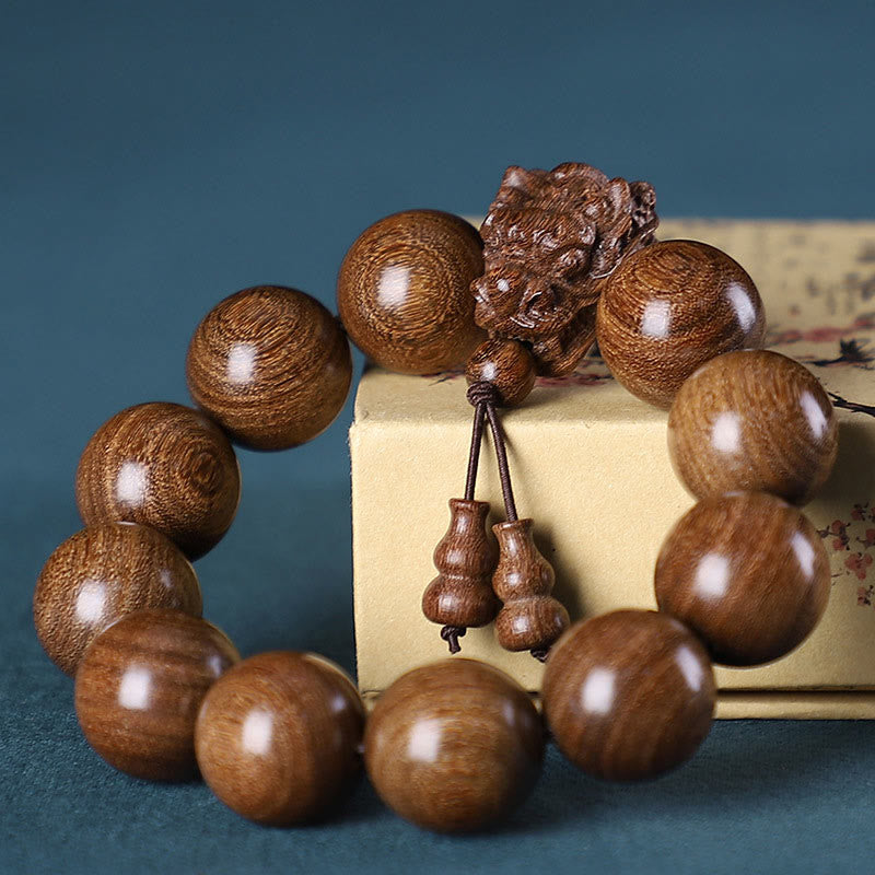 Wear FengShui Rosewood Green Sandalwood Small Leaf Red Sandalwood Dragon Carved Protection Bracelet
