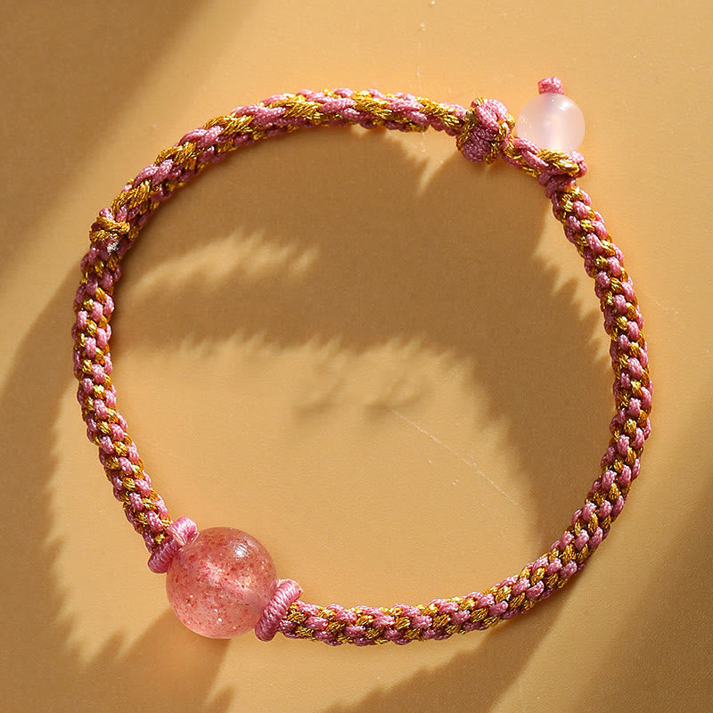 Wear FengShui Handmade Red Agate Amethyst Golden Rutilated Quartz Pink Crystal Bead Calm Braided Bracelet
