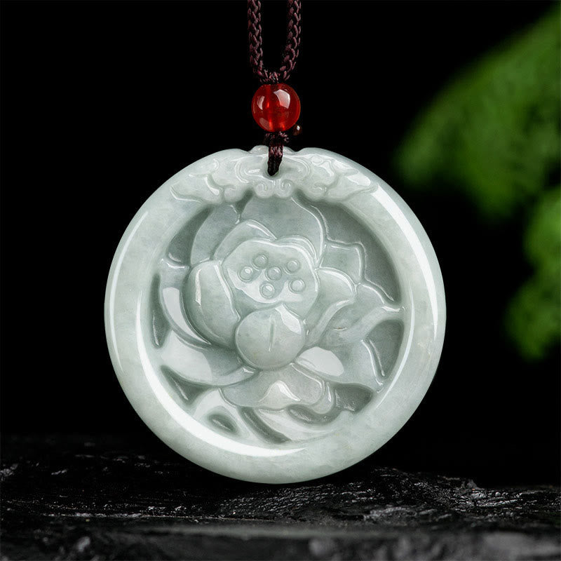 Wear FengShui Natural Jade Lotus Flower Carved Prosperity Necklace Pendant