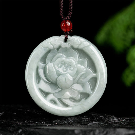 Wear FengShui Natural Jade Lotus Flower Carved Prosperity Necklace Pendant